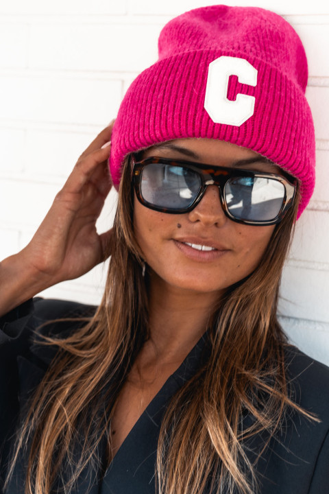 Fuchsia and white C hat