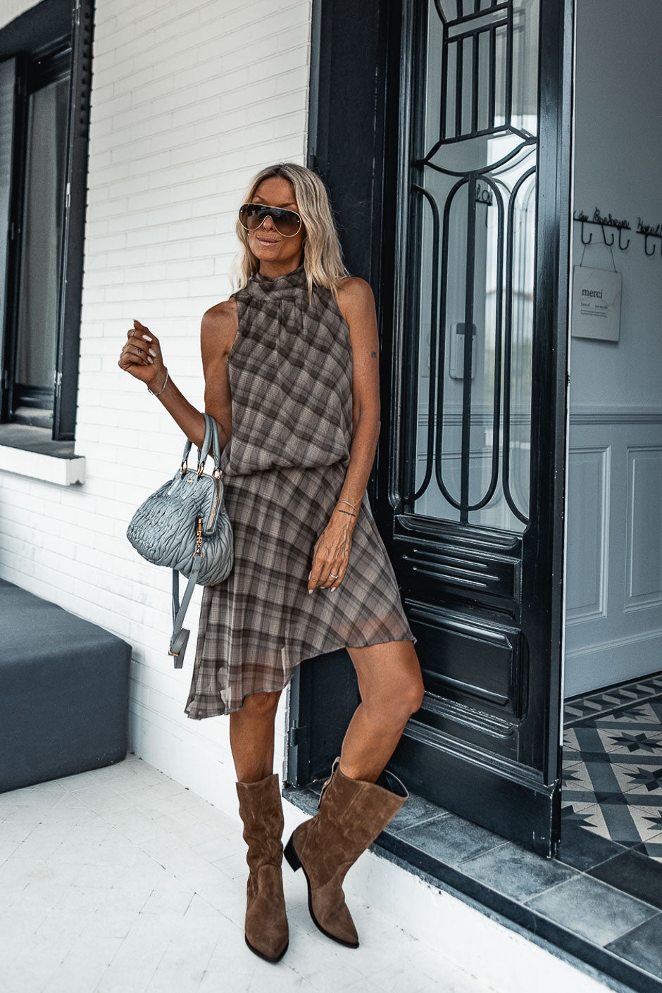 CHECKERED SQUARE-NECK DRESS