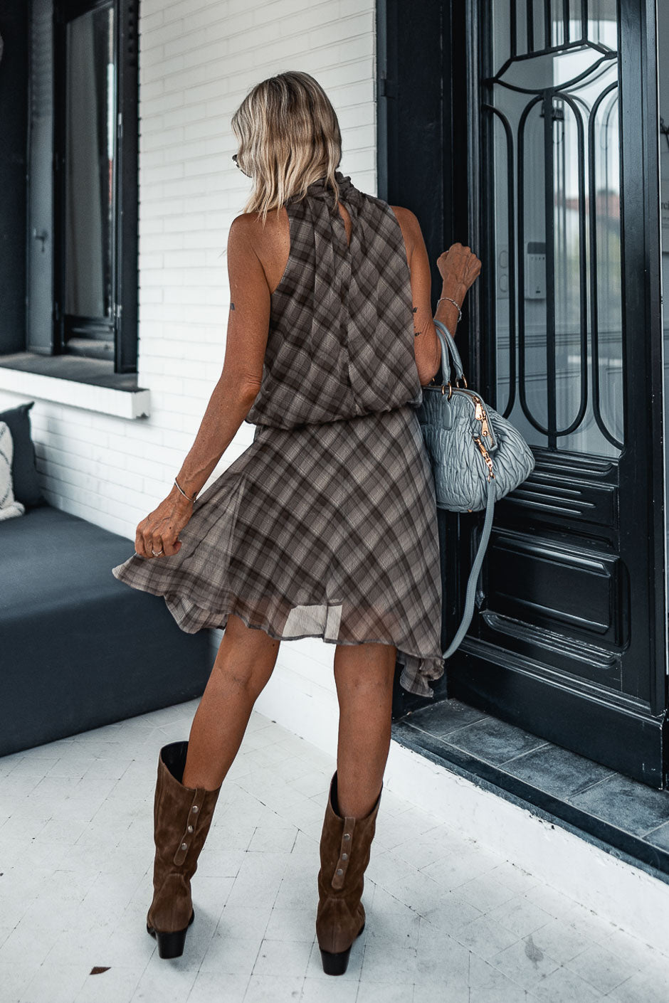 CHECKERED SQUARE-NECK DRESS