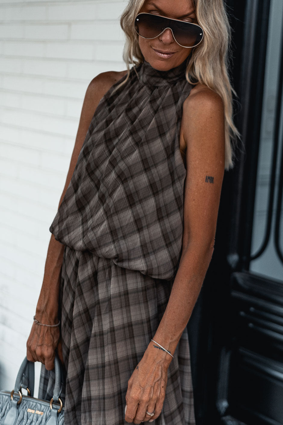 CHECKERED SQUARE-NECK DRESS