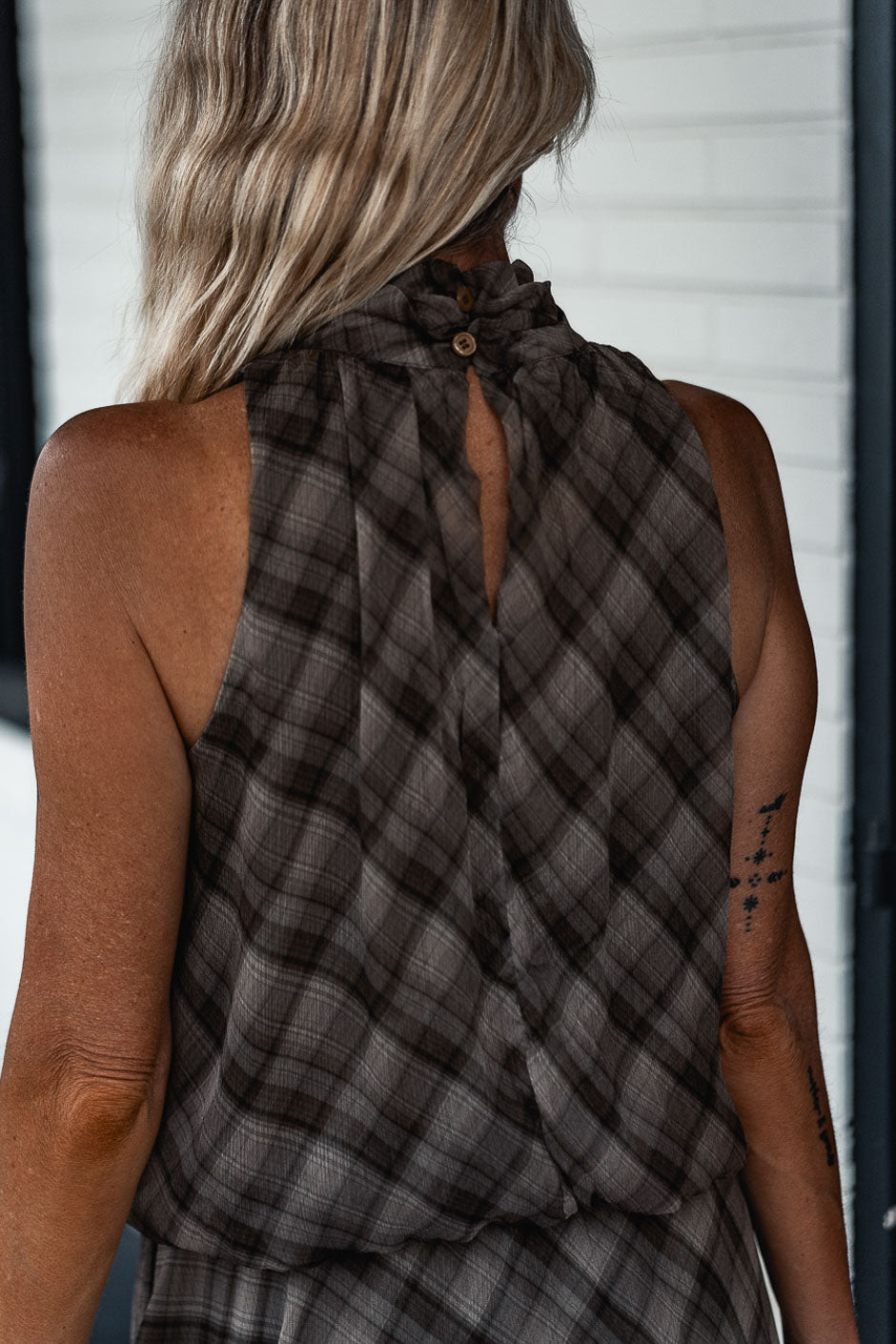 CHECKERED SQUARE-NECK DRESS
